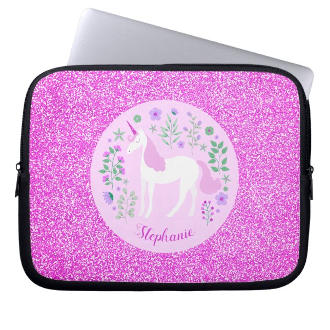 Unicorn Rosa Glitzer Personalisierter Name Laptopschutzhülle (Vorderseite)