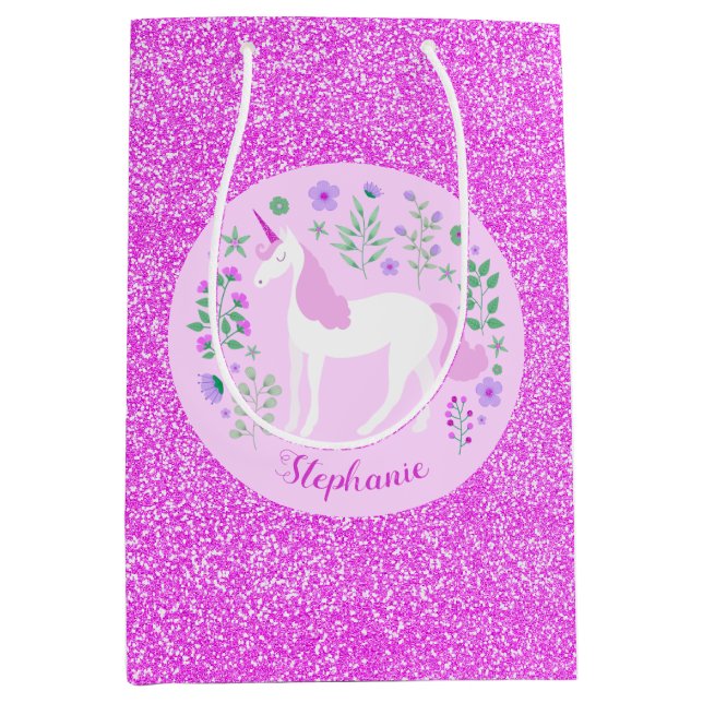 Unicorn Rosa Glitzer Personalisierter Name Mittlere Geschenktüte (Vorderseite)