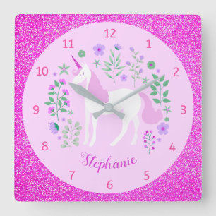 Unicorn Rosa Glitzer Personalisierter Name Quadratische Wanduhr