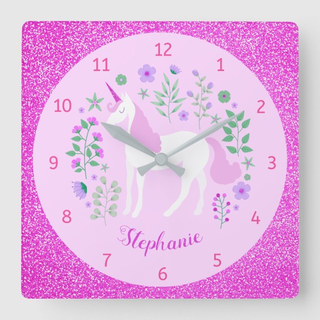 Unicorn Rosa Glitzer Personalisierter Name Quadratische Wanduhr (Vorderseite)