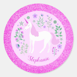 Unicorn Rosa Glitzer Personalisierter Name Runder Aufkleber