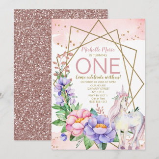 Unicorn Rosa Gold Floral Erster Geburtstag Einladung
