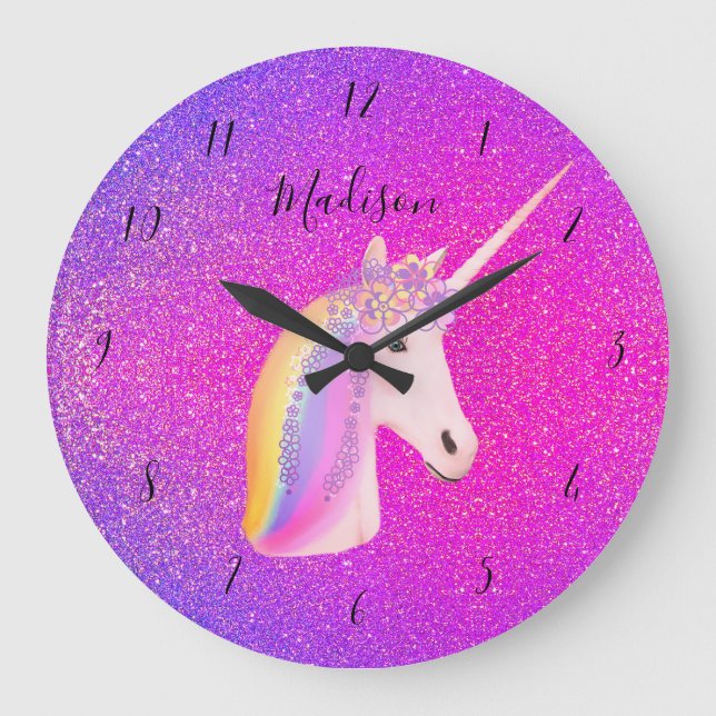 Unicorn Rosa Lila Glitzer Girls Personalisiert Große Wanduhr (Vorderseite)