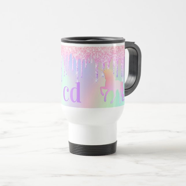 Unicorn rosa lila Tropfen monogramm holografisch Reisebecher (VorderseiteRechts)