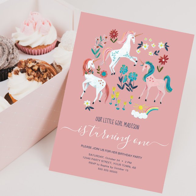 Unicorn rosa niedliche magische Mädchen ersten Geb Einladung (Unicorn pink birthday party invitation)