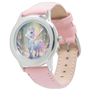 Unicorn - rosa rosa Stahlleder-Federwache Armbanduhr