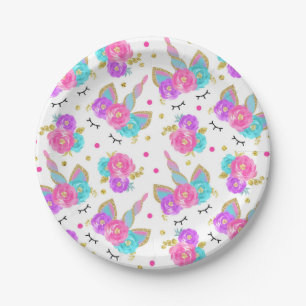 Unicorn-Rosa und Goldpapierplatte 7" PapierTeller