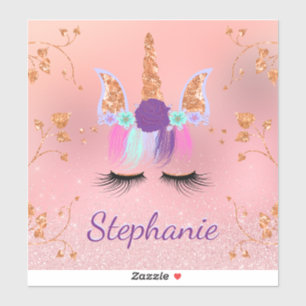 Unicorn Rose Gold Glitzer Personalisierter Name Aufkleber