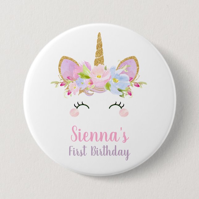 Unicorn Round Abzeichen 1st Birthday Girl Button (Vorderseite)