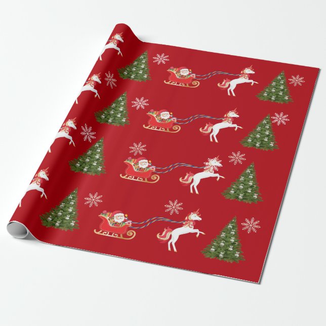 Unicorn Santa's Sleigh Snowflakes Weihnachtsbaum Geschenkpapier (Ungerollt)