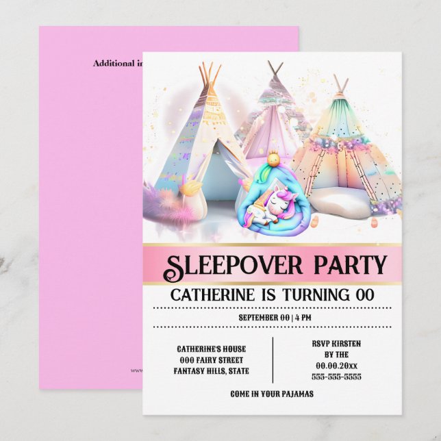 Unicorn Schlafsack Teepee pinkfarbene weiße gurt s Einladung (Vorne/Hinten)