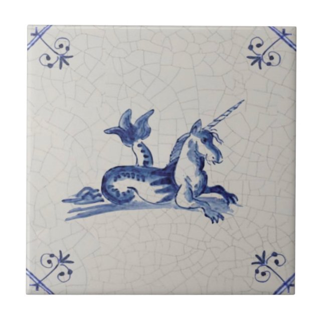 Unicorn Sea Creature Delft Blue Repro aus dem 17.  Fliese (Vorderseite)