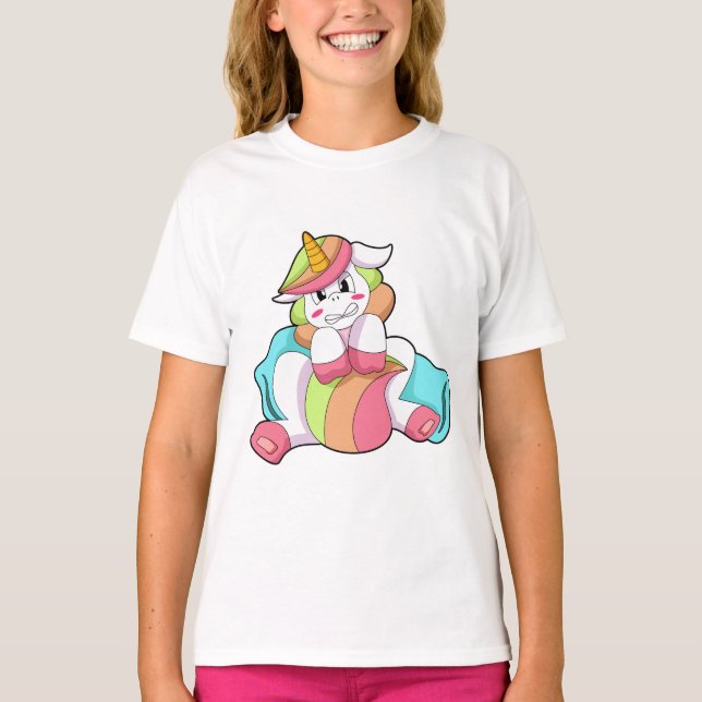 Unicorn Shy mit Kissen T-Shirt (Vorderseite)