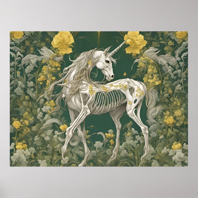 Unicorn Skelett in den gelben Blumen Poster (Vorne)