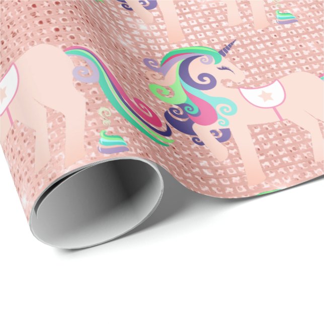 Unicorn Sparkl Glitzer Pink Floral Baby Peach Cand Geschenkpapier (Rolleneckpunkt)
