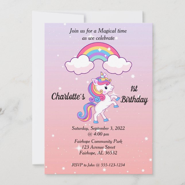 Unicorn Sparkle 1. Geburtstag Einladung (Vorderseite)