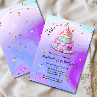 Unicorn Sparkle Blue Lila Cake 4. Geburtstag Einladung