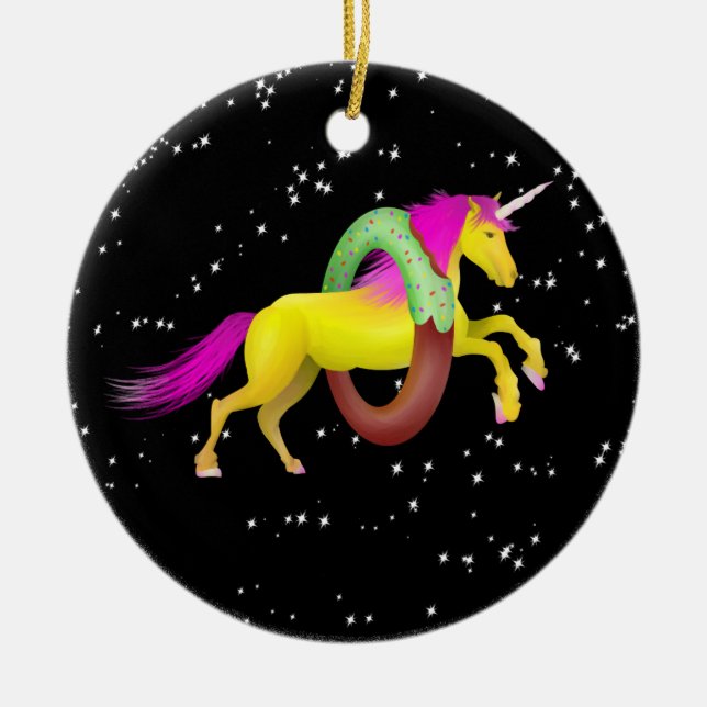 Unicorn springt durch eine Doughnut Keramik Ornament (Vorne)