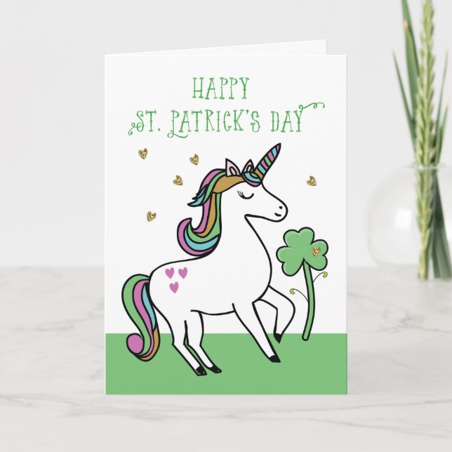 Unicorn St. Patrick's Day Wünsche mit Kleeblatt Karte (Vorderseite)