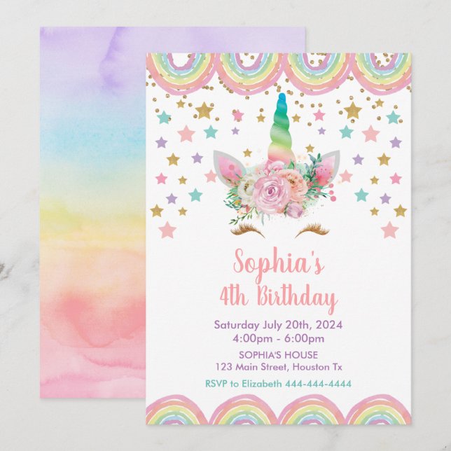 Unicorn stars rainbow Birthday Invitation Einladung (Vorne/Hinten)