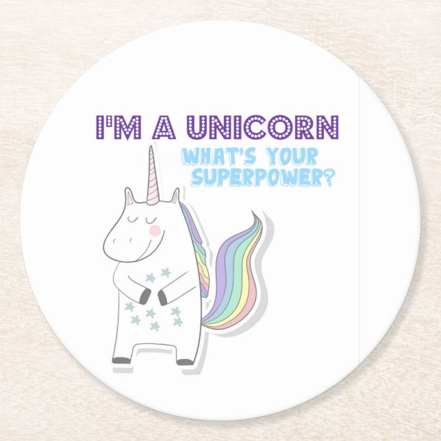 Unicorn Superpower Runder Pappuntersetzer (Vorderseite)