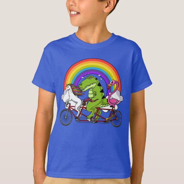 Unicorn T-Rex Dinosaurier Flamingo Riding Bicycle T-Shirt (Vorderseite)