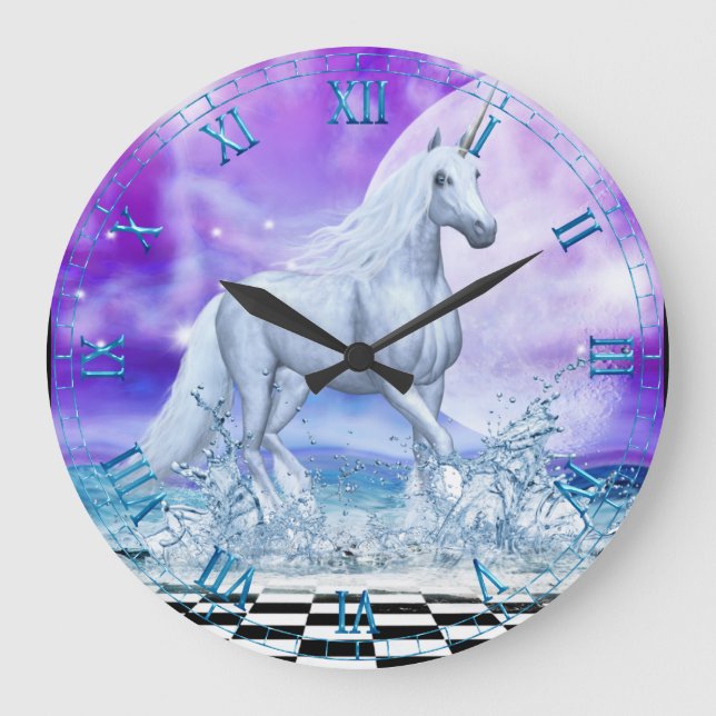 Unicorn tanzen in der Wassermauer-Uhr Große Wanduhr (Vorderseite)
