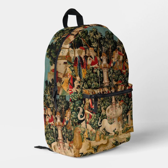 Unicorn Tapestries gefunden Legende Mythisch Bedruckter Rucksack (Rückseitige Ecke links)