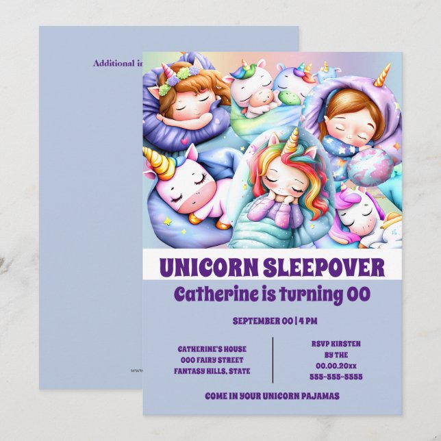 Unicorn-Theme-Schlitten-Slumber-Pyjama-Party Einladung (Vorne/Hinten)