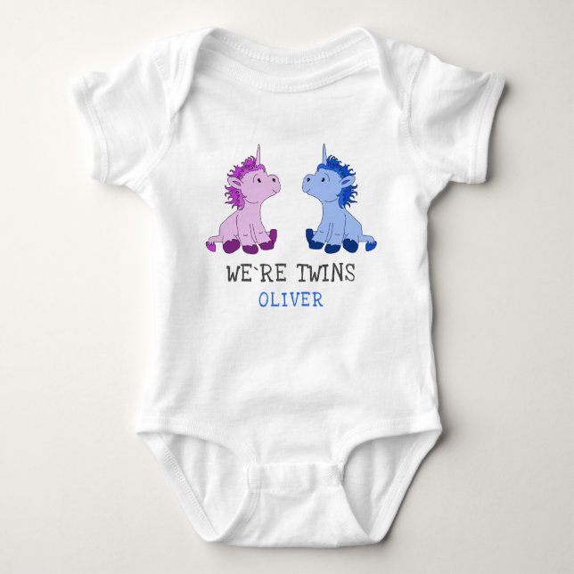 Unicorn Twins Boy Girl Baby Bodysuit mit Namen Baby Strampler (Vorderseite)