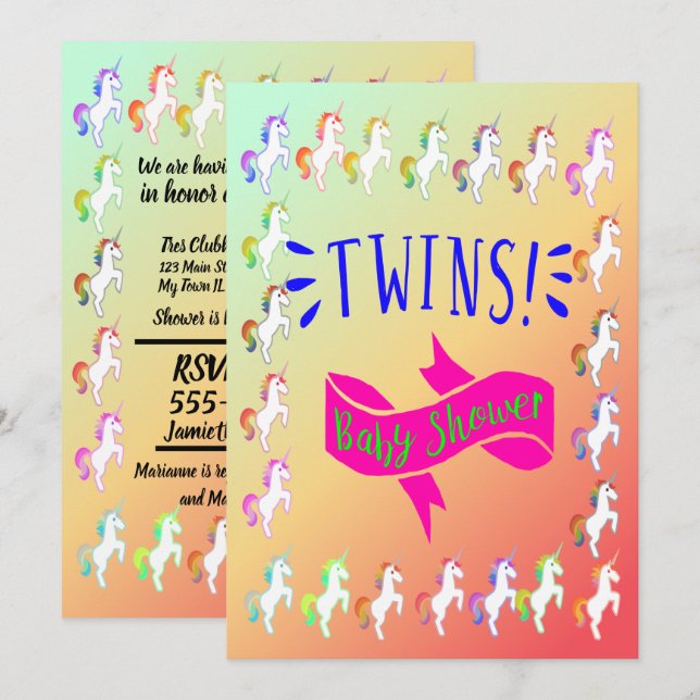 Unicorn Twins Kinderdusche Einladung (Vorne/Hinten)