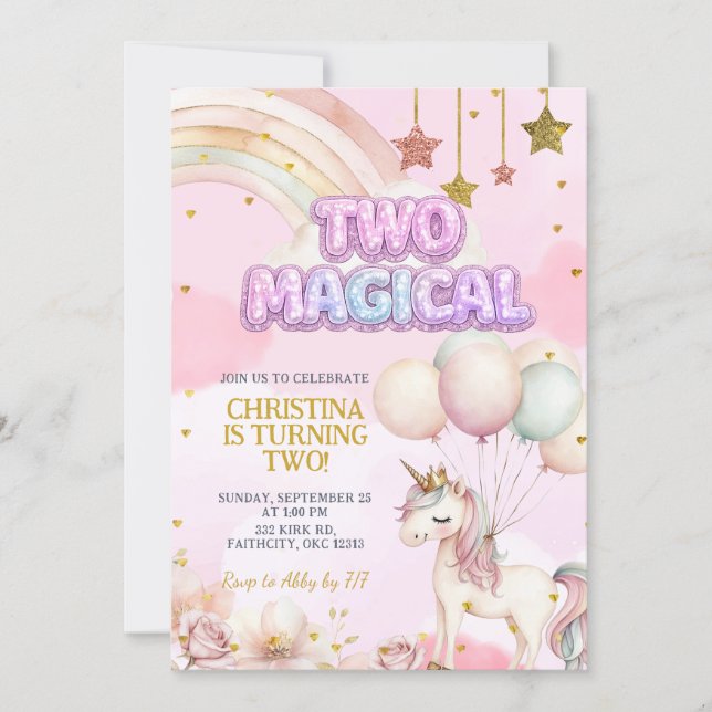 Unicorn Two Magical Pastel Birthday Invitation Einladung (Vorderseite)