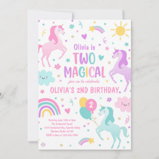 Unicorn Two Magical Pastel Rainbow 2. Geburtstag Einladung