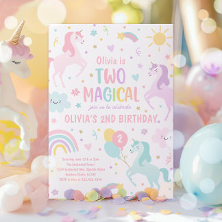 Unicorn Two Magical Pastel Rainbow 2. Geburtstag Einladung