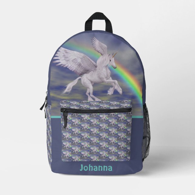 Unicorn über Regenbogen Personalisiert Bedruckter Rucksack (Vorderseite)