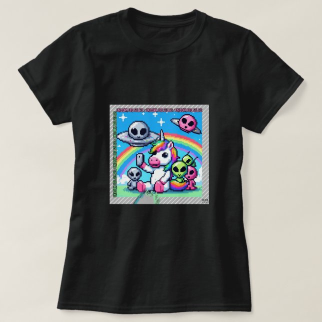 Unicorn UFO Selfie: Square Land (Pixel Art) #3 T-Shirt (Design vorne)