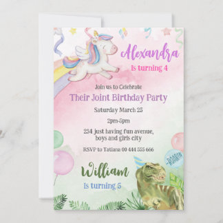 Unicorn und Dinosaurier Gemeinsame Geburtstagspart Einladung