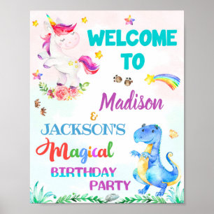 Unicorn und Dinosaurier willkommen Party-Zeichen M Poster