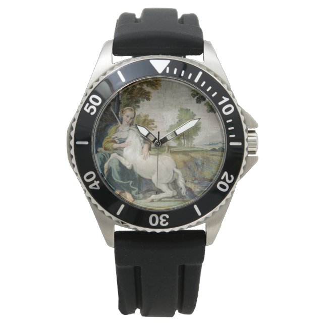 Unicorn und eine junge Frau (von Domenichino) Armbanduhr (Vorderseite)