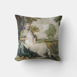 Unicorn und eine junge Frau (von Domenichino) Kissen