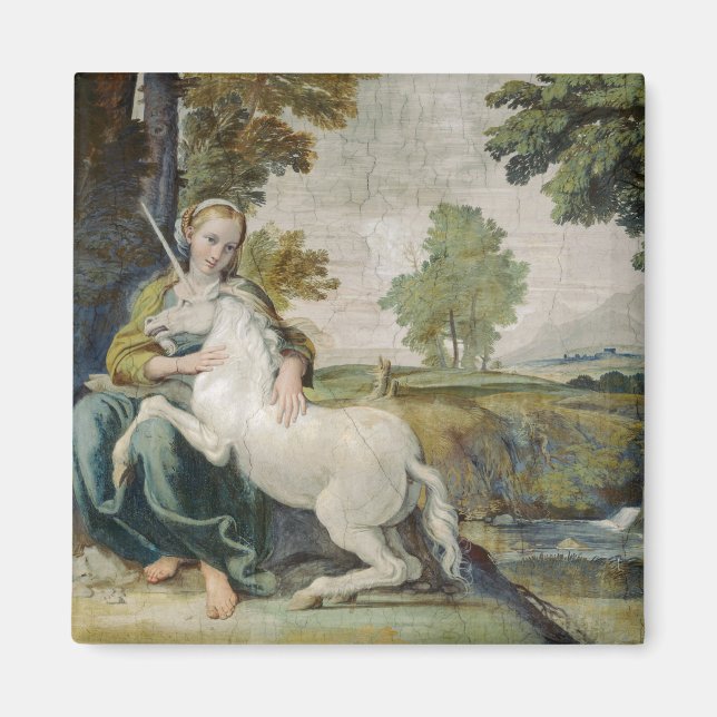 Unicorn und eine junge Frau (von Domenichino) Magnet (Vorne)