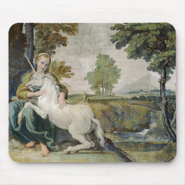 Unicorn und eine junge Frau (von Domenichino) Mousepad (Vorne)