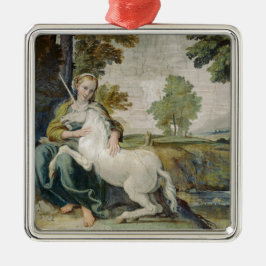 Unicorn und eine junge Frau (von Domenichino) Ornament Aus Metall