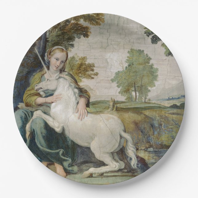 Unicorn und eine junge Frau (von Domenichino) Pappteller (Vorderseite)