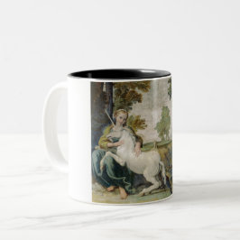 Unicorn und eine junge Frau (von Domenichino) Zweifarbige Tasse