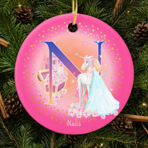 Unicorn und Princess Letter N Monogram Christmas Keramik Ornament