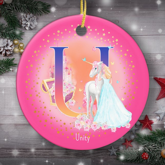 Unicorn und Princess Letter U Monogram Christmas Keramik Ornament (This pretty pink monogrammed Christmas ornament is perfect for your little princess!)