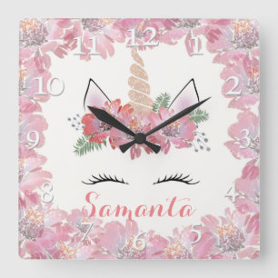 Unicorn, Unicorn Face, personalized, girly, floral Quadratische Wanduhr