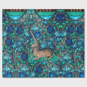 UNICORN UNTER BLUE FLOWERS Aqua Blue Green Floral Geschenkpapier