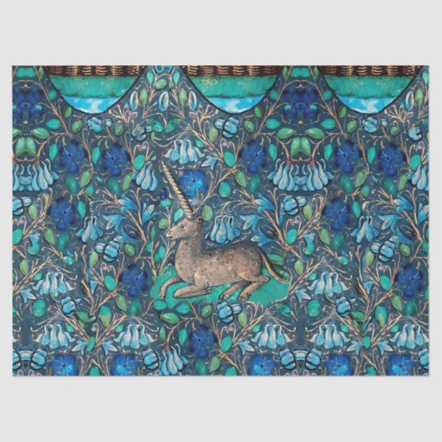 UNICORN UNTER BLUE FLOWERS Aqua Blue Green Floral Seidenpapier (Vorderseite)